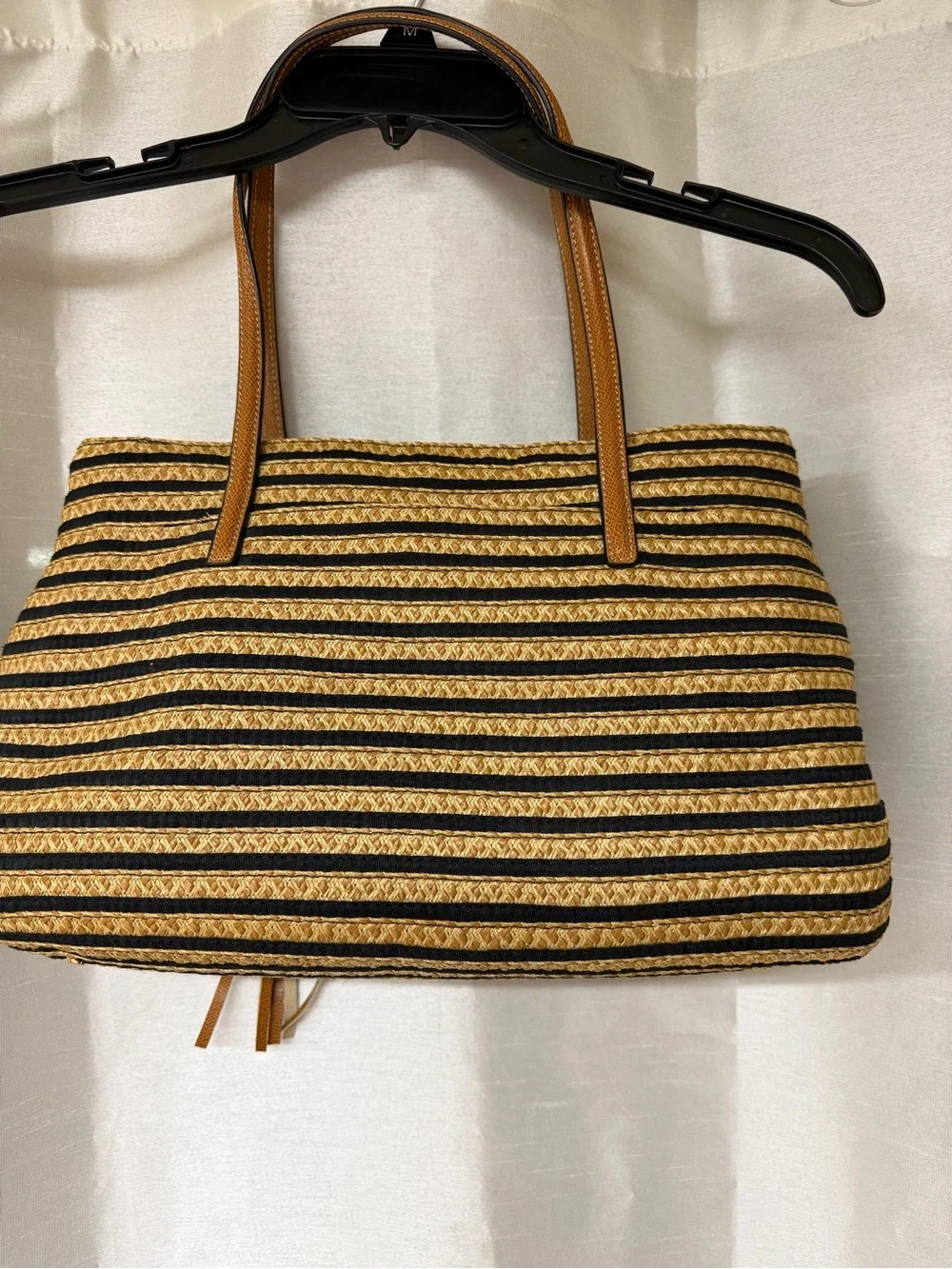 Eric Javitś Striped Natural Straw Tote Bag with Tan Trim